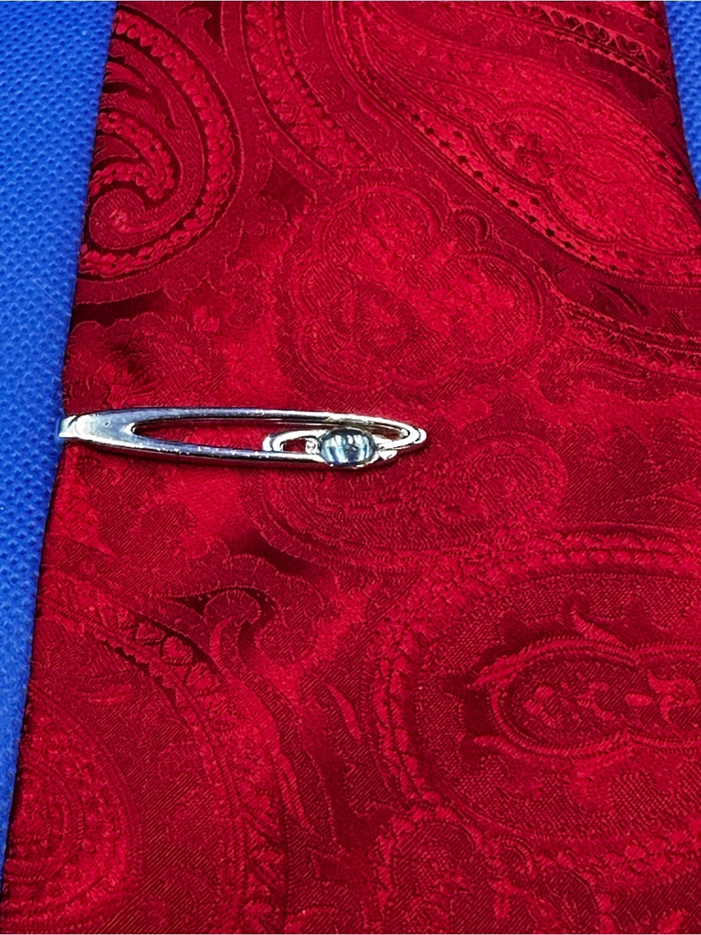 Swank Open Silver Tone Tie Bar Clip w/Light Blue Oval Rhinestone - MbTSCLr1